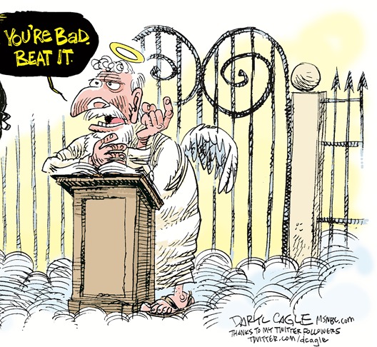 A cartoon of an angel standing at the top of a podium.