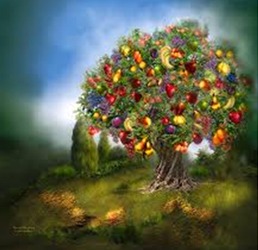 A painting of an apple tree with many fruits.