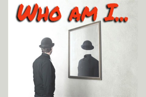 A man in front of a mirror with the words " who am i ?" written above him.