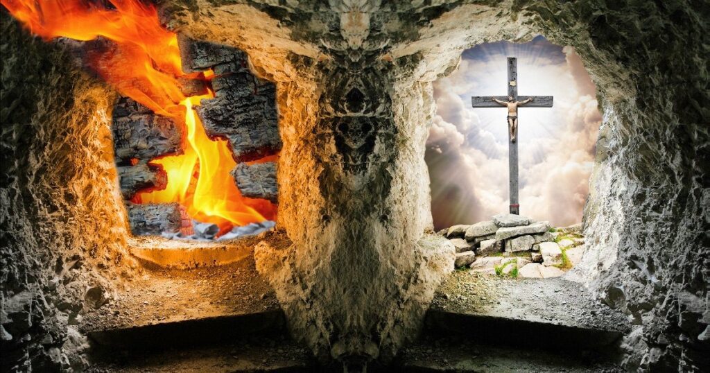 A cross and fire in the middle of two different pictures.